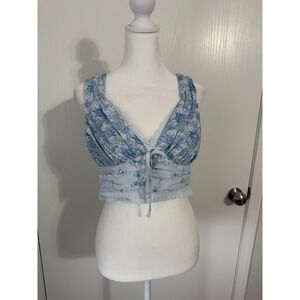Women's Sleeveless Blue Floral Lace Cottagecore Milkmaid Crop Top Large